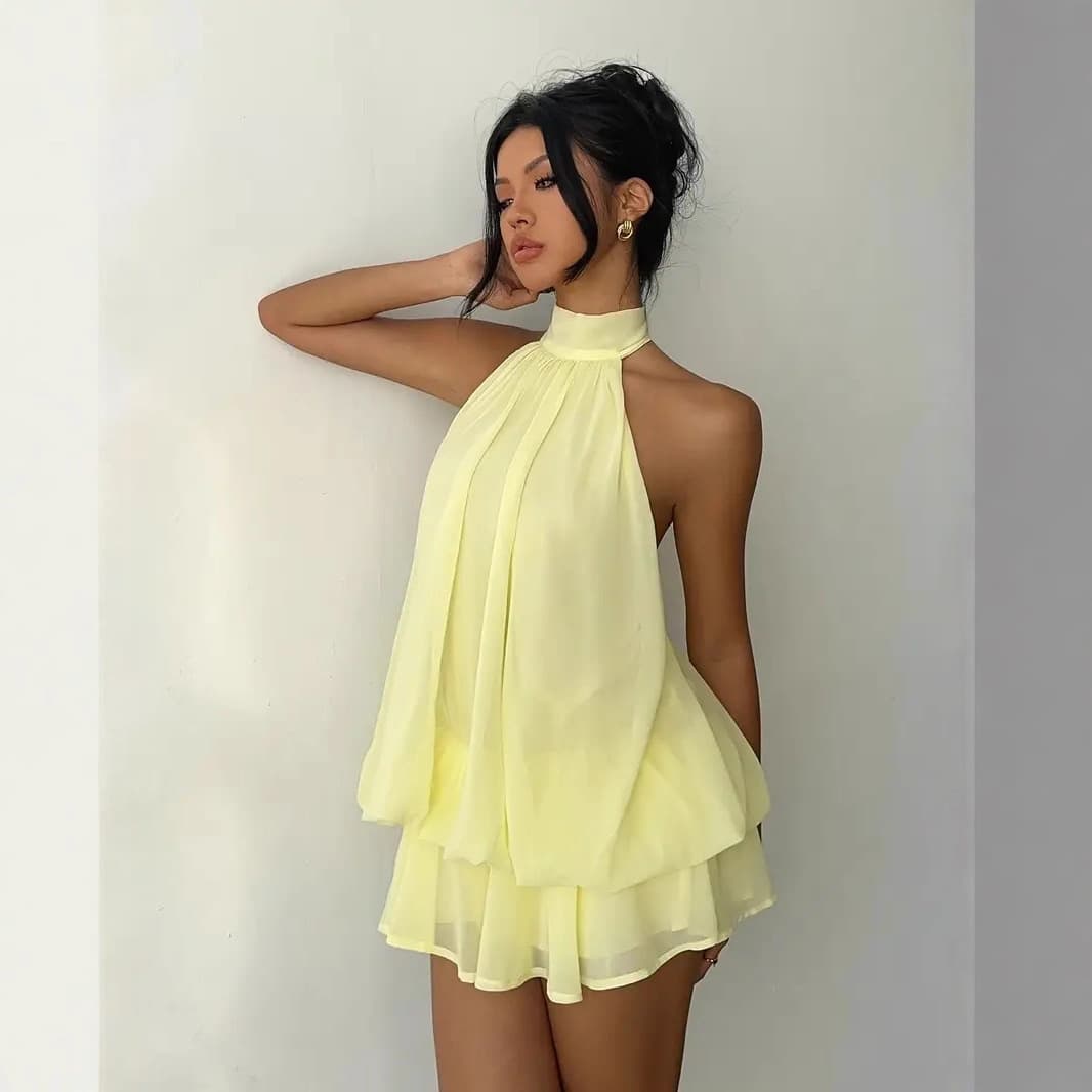 Women's Slim Fit Halter Neck Backless Top With Tie Waist And Puffy Short Skirt Dress Sexy Vacation Wear For Style
