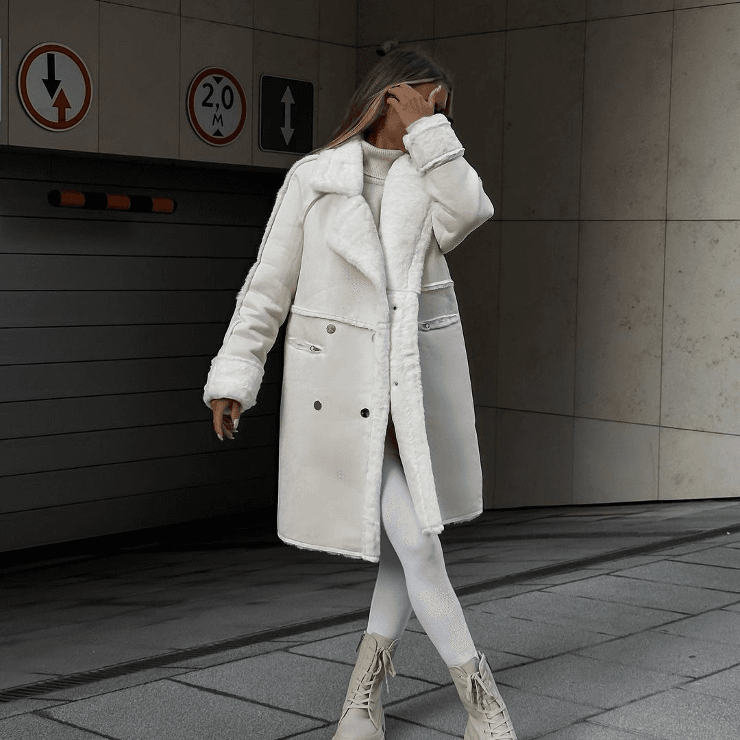 Women's suede coat suit collar long cardigan long sleeve plush coat