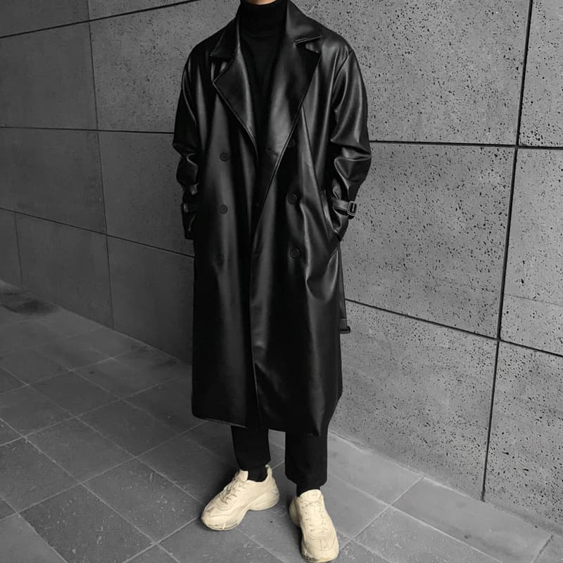 Men's Clothing Solid Color Long Leather Coat Coat Loose Trench Coat Fashion Coat