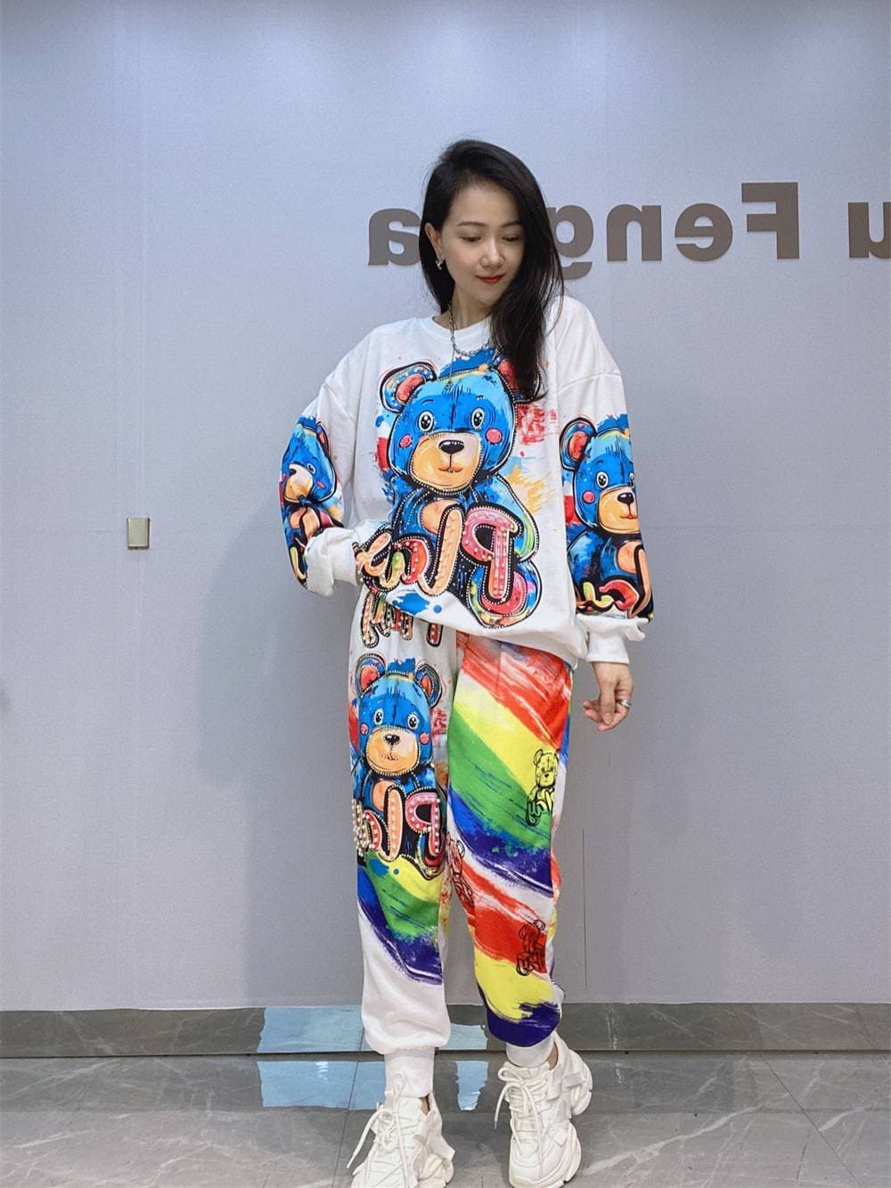Women's Tracksuit Set – Long Sleeve Hoodie With Rhinestone Print (Oversized & Matching)
