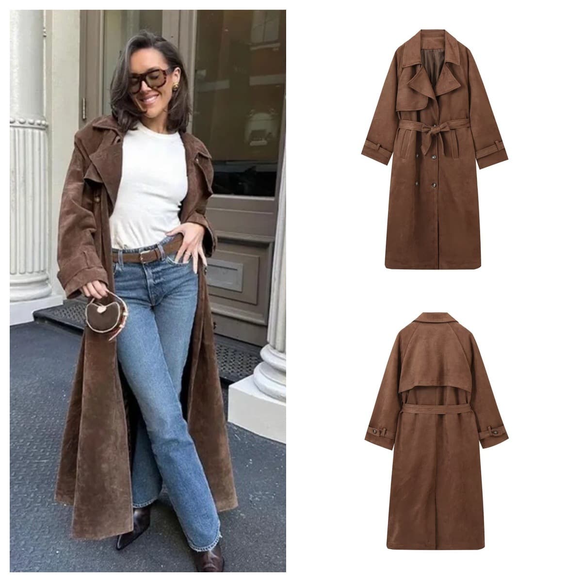 Women's Clothing Long Double Button Trench Coat With Belted Waist - Stylish Fall Winter Jacket For Street Fashion (Dark Brown, S/M/L)