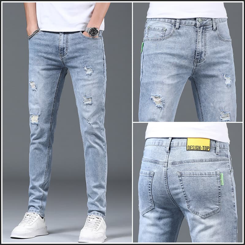 Printemps et automne nouveaux jeans de luxe légers haut de gamme pour hommes, marque tendance, coupe slim, élastique, petit pied, version coréenne