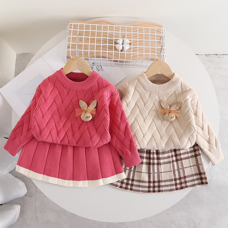 Girls Sweater Dress Autumn And Winter Pure Color Rabbit Head Knitting Two-piece Long Sleeve For Baby Girls