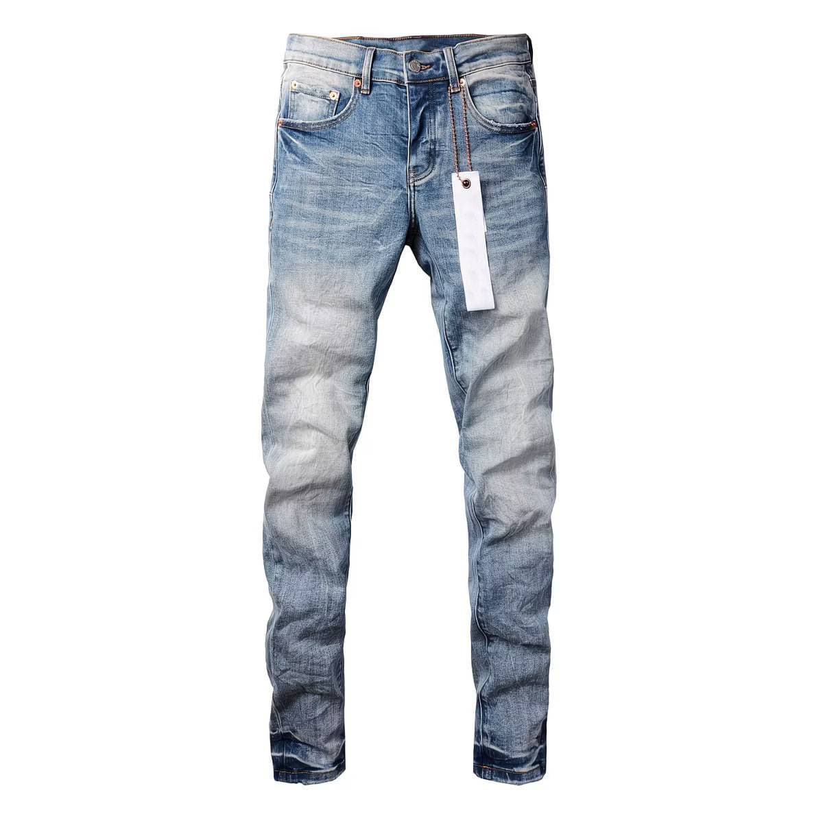 Jean violet déchiré style streetwear rétro en soie, de haute qualité et respirant, coupe ajustée, style streetwear.