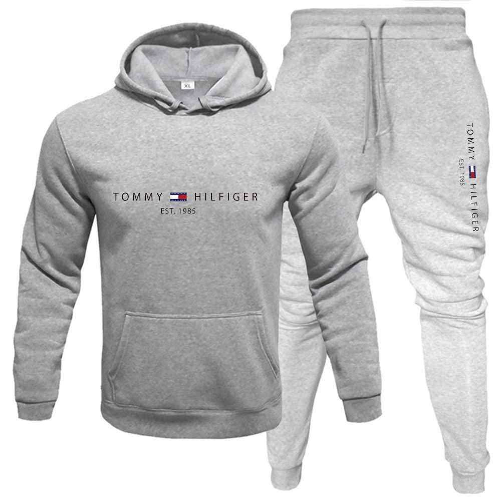 PQ Automne Hiver Hommes Pull Plus Polaire À Capuche Costume Imprimé Couleur Unie Pull Sport Ensemble 2 Pièces