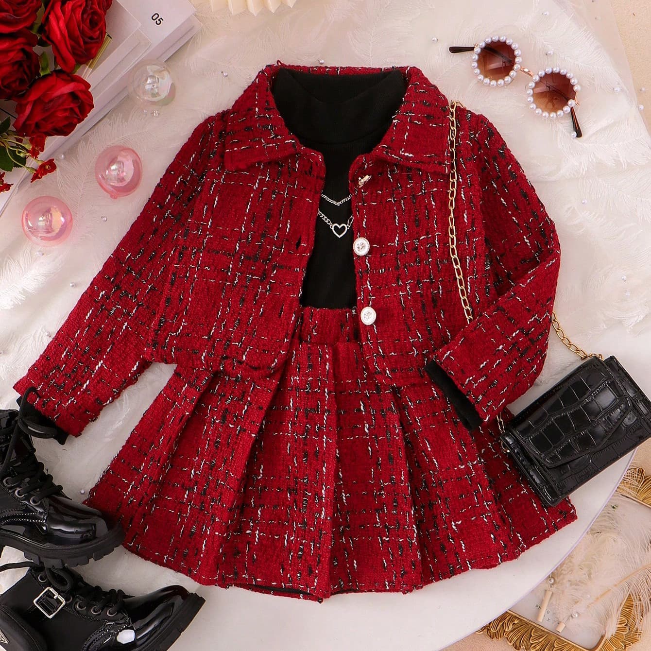 Girls Three Piece Clothing Set High Neck Long Sleeved Inner Layer Coat Pleated Skirt European Style Autumn Winter
