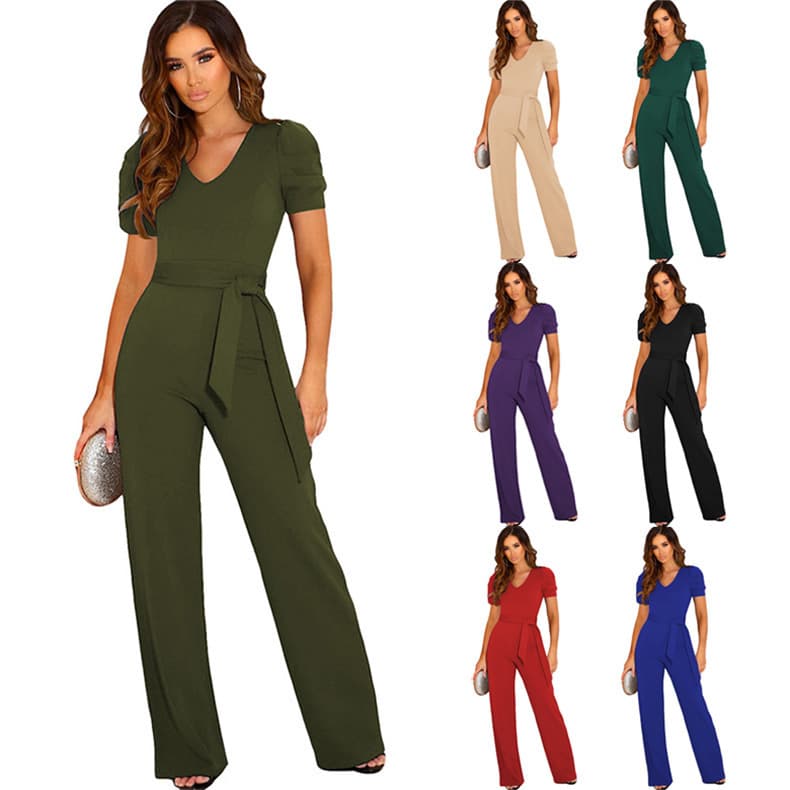 Women's Clothing Strap Waist Wrapped Jumpsuit Solid V-neck Short Sleeve Wide Leg Pants