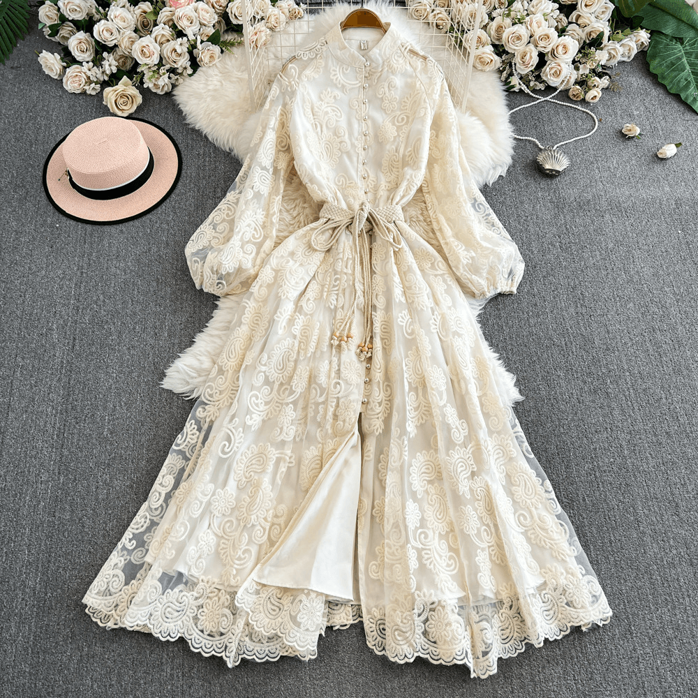 Women's Clothing Style Elegant Stand Up Collar Single Breasted Heavy Hook Flower Embroidery Lantern Sleeve Tie Waist Long Dress