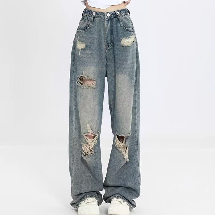 Women's retro ripped jeans for women, high waist, straight leg, loose, slim design, high street wide leg floor mopping pants, trendy