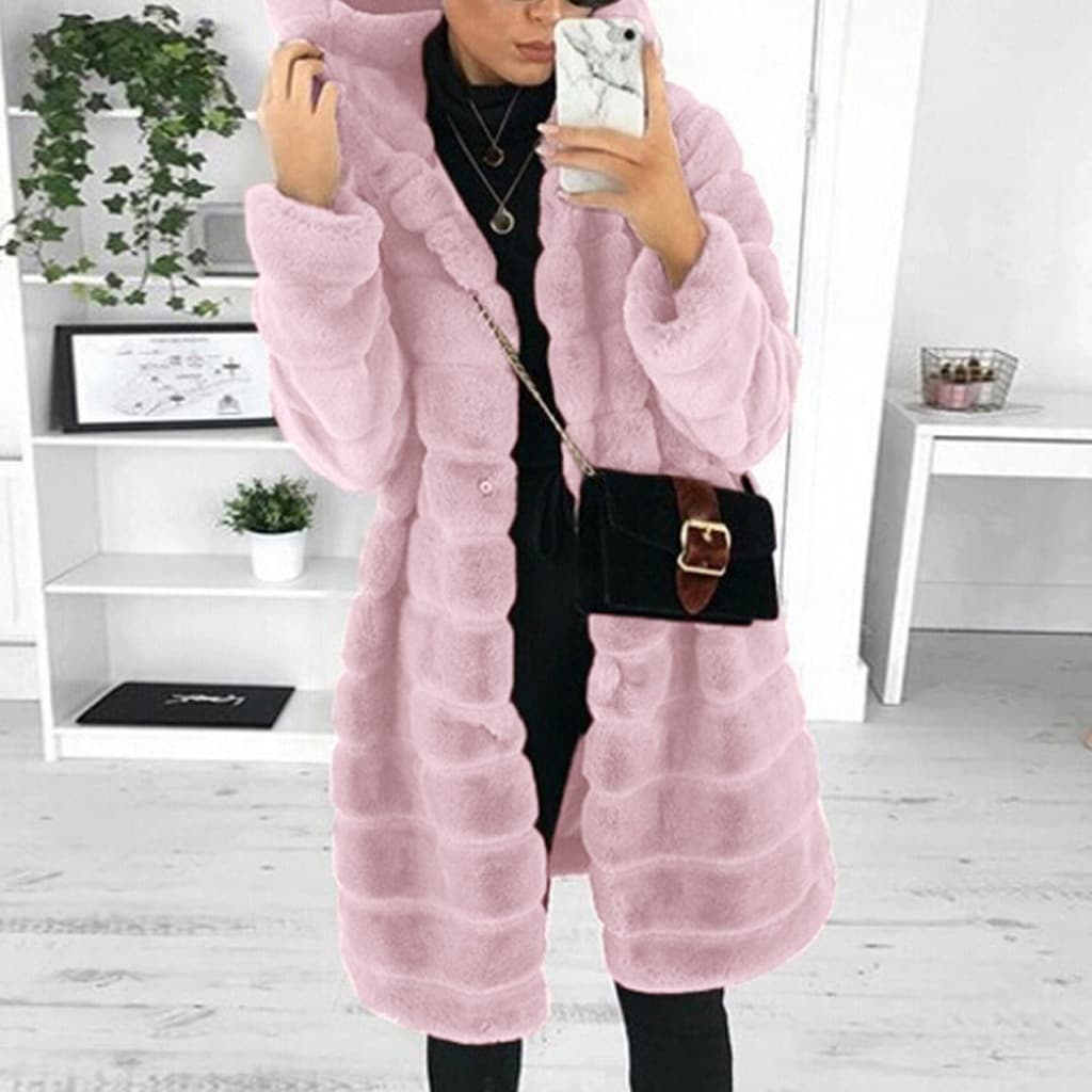 Manteau mi-long à capuche en peluche de couleur unie pour femme