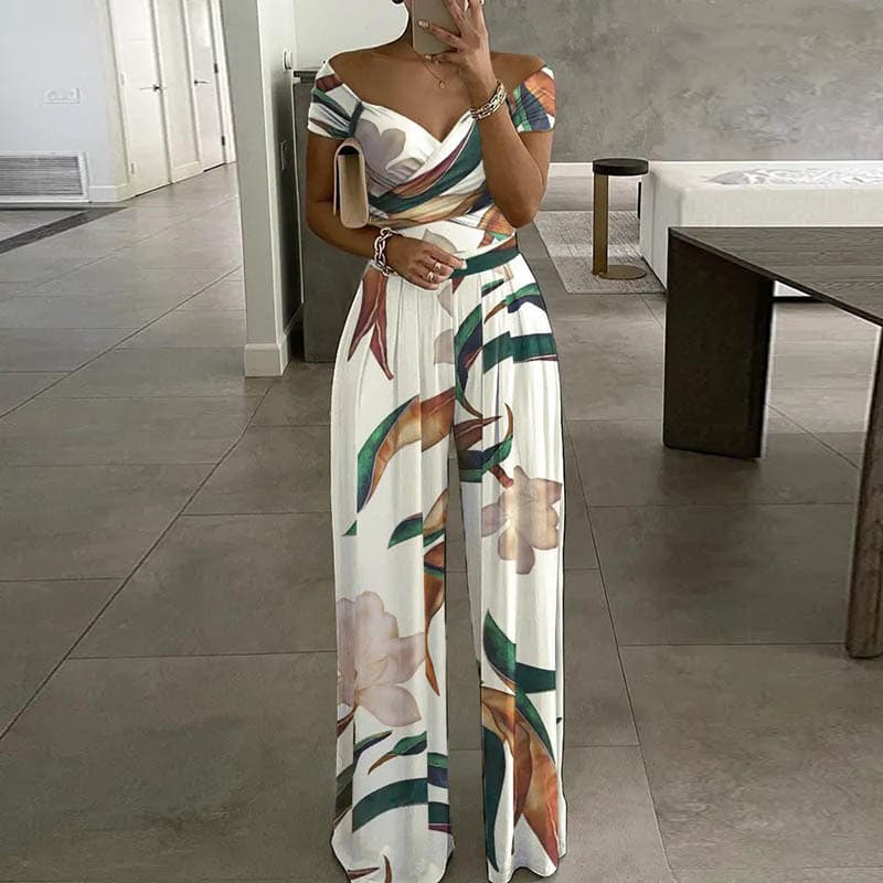 Women's High-Waisted Jumpsuit With Floral Print, Off-Shoulder Design, Stretchy Polyester, Plus Size Available (S-3XL)