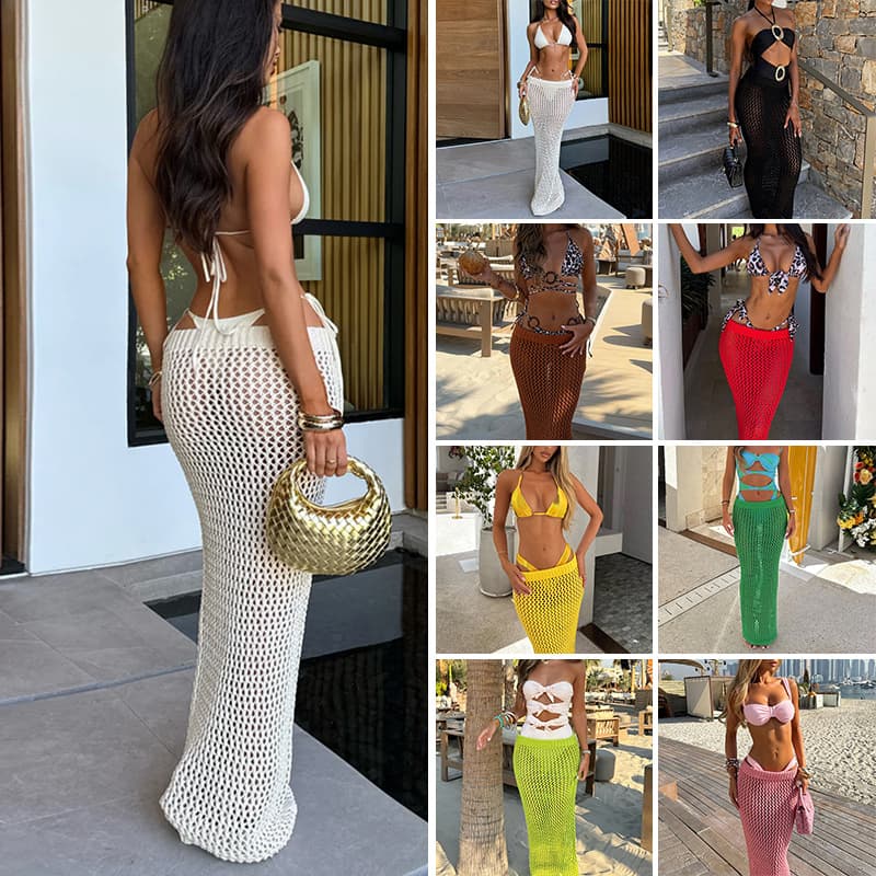 Women's Stylish Openwork Knit Bodycon Beach Skirt Cover Up Summer Vacation Textured Skirt Fits True To Size Sexy Style