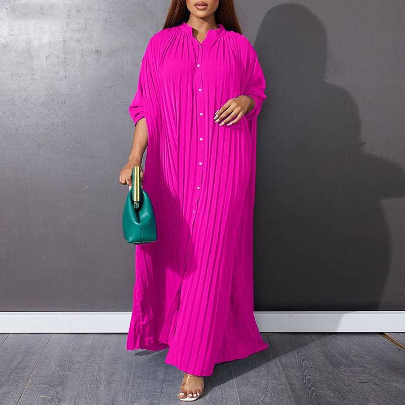Fashionable casual solid color loose pleated long-sleeved dress long skirt