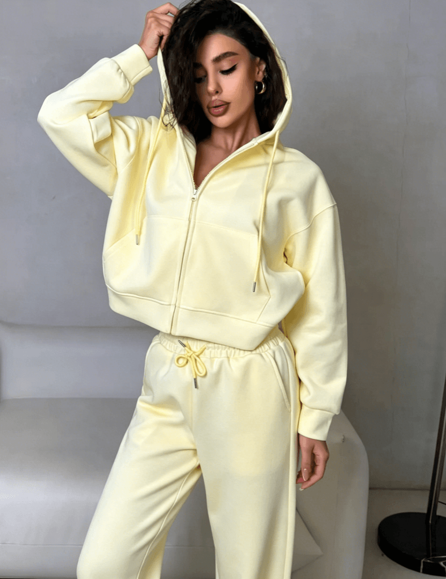 Ensemble sweat à capuche zippé et pantalon à cordon pour femme en mélange de coton - Vêtements de sport streetwear décontractés (Rose/Jaune/Gris anthracite/Autres, S/M/L/XL)