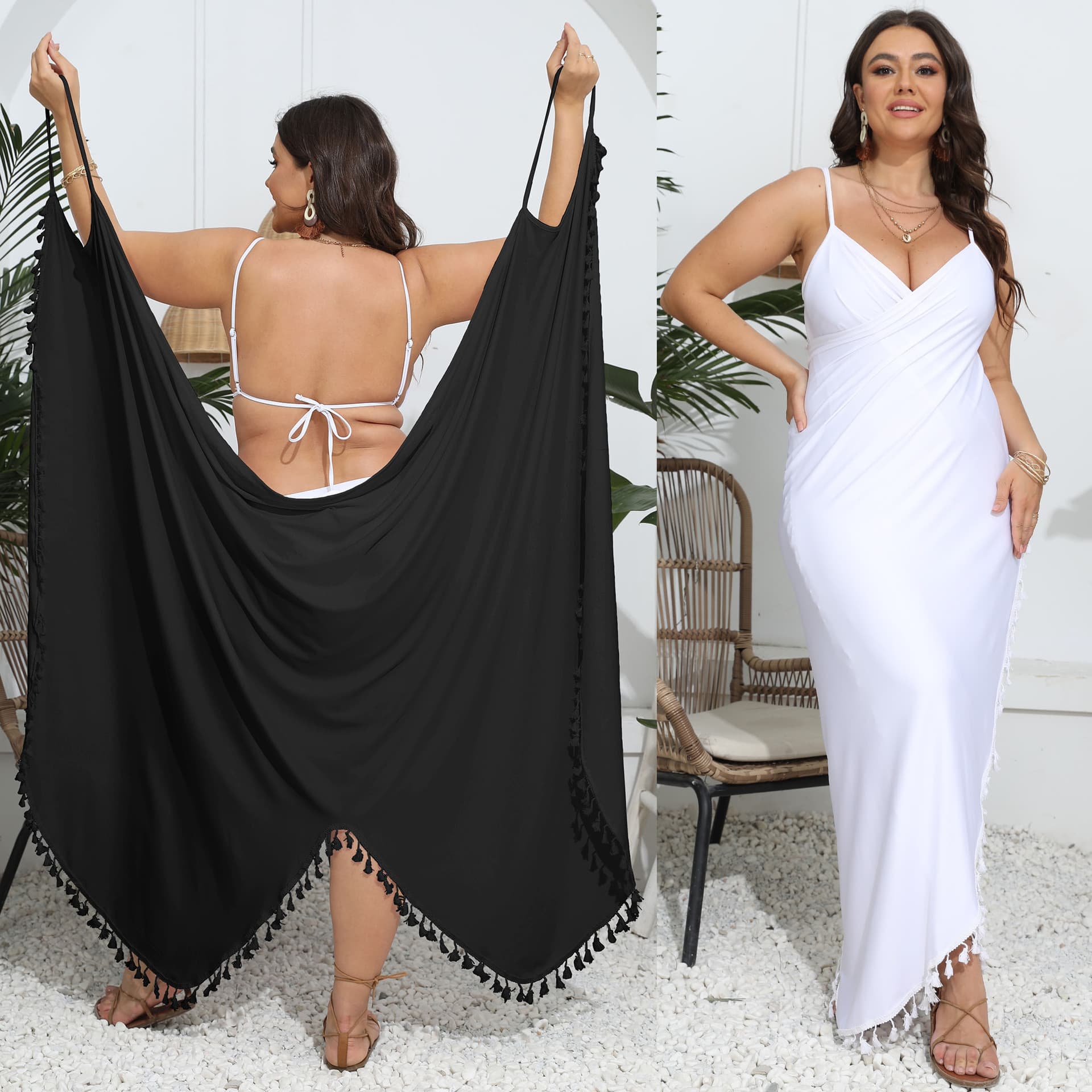 Plus Size Women's One-piece Beach Skirt Irregular Suspender Skirt Tassel Splicing Multi-functional Dress