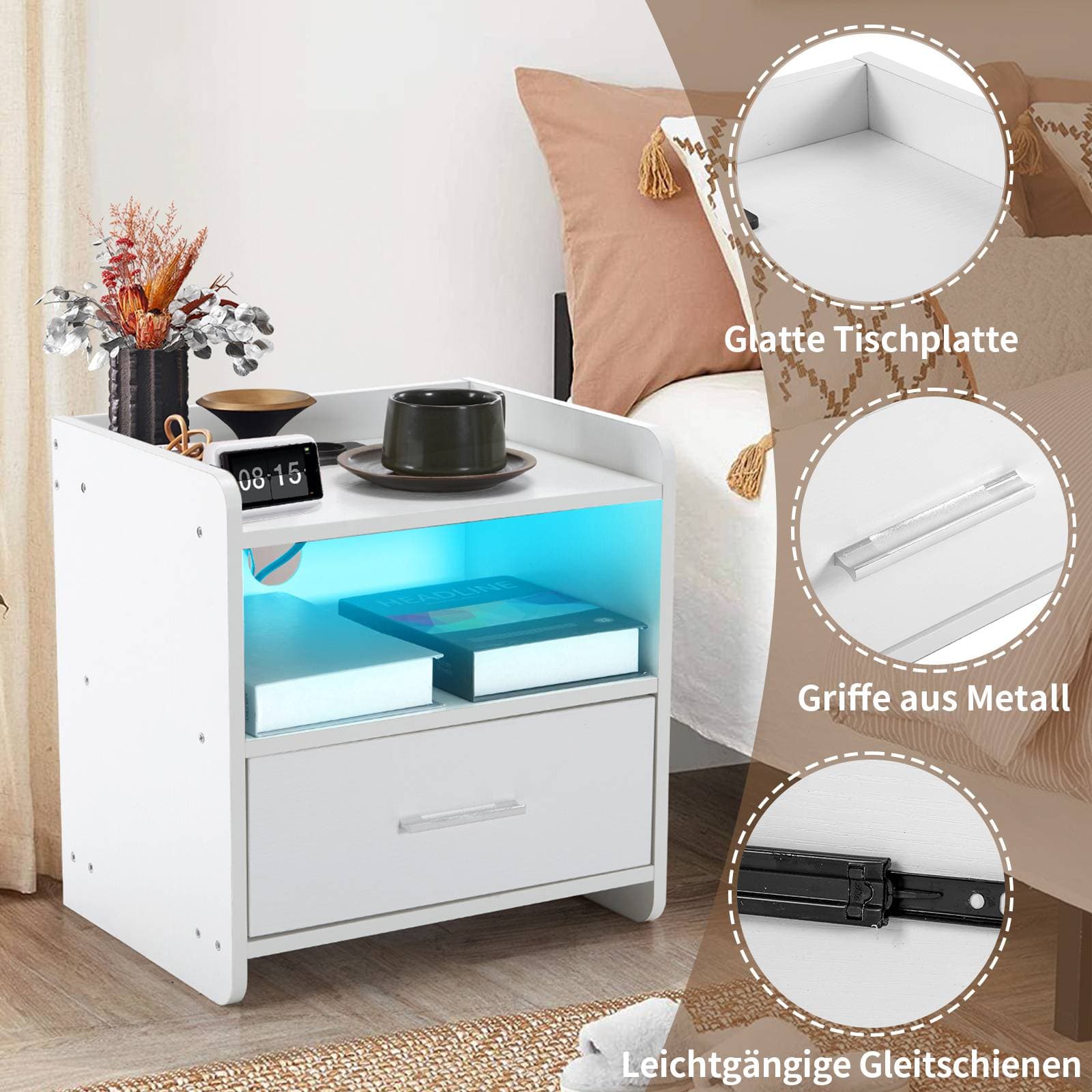 39*29*41cmcm Particleboard Pasted Triamine Single Drawer With Socket With LED Light Bedside Table