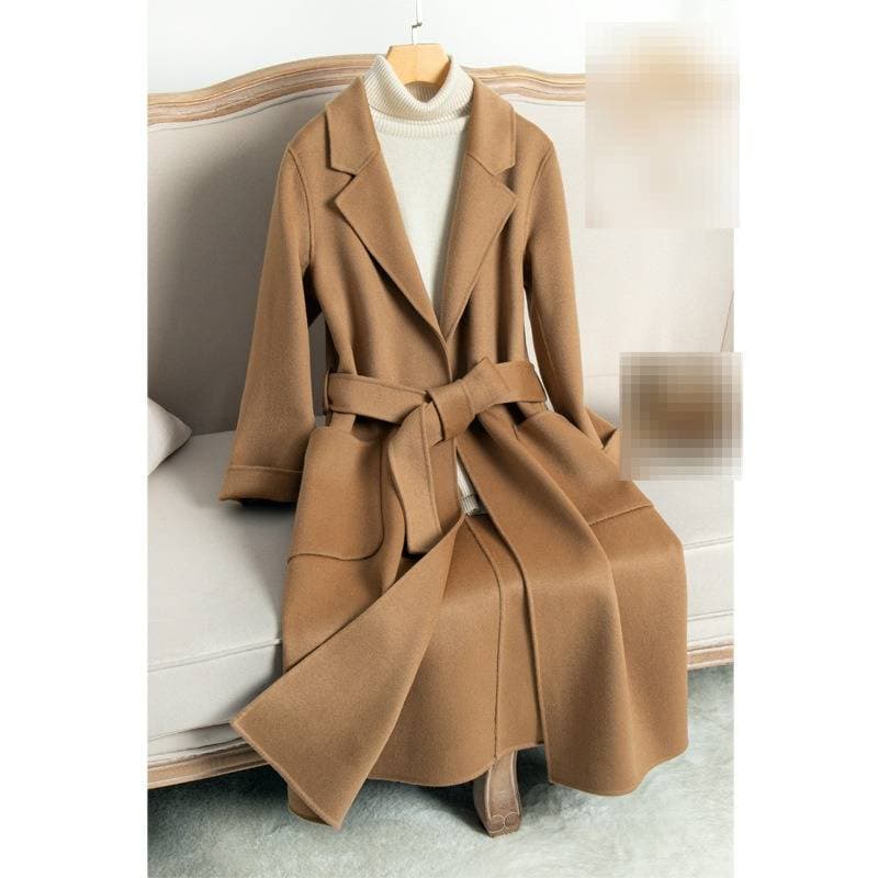 ​​Luxury Double-Faced Wool Coat For Women – High-Waisted Oversized Trench Coat With Belt, Extra-Long Length, Classic Notch Lapel