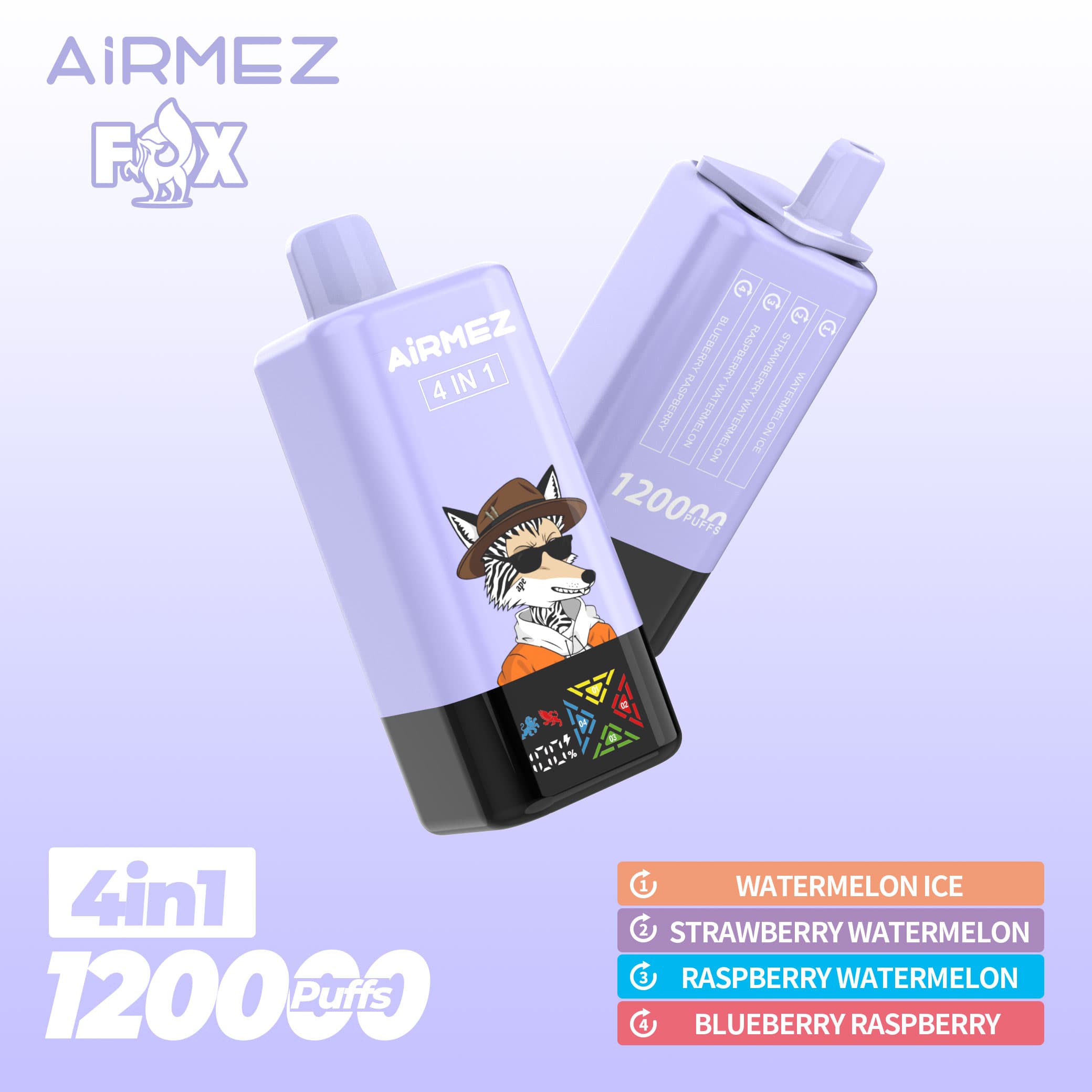 Airmez Fox 120K bouffées, 4 saveurs en 1, nouvelle cigarette électronique rechargeable originale avec écran LCD, jetable, entrepôt UE