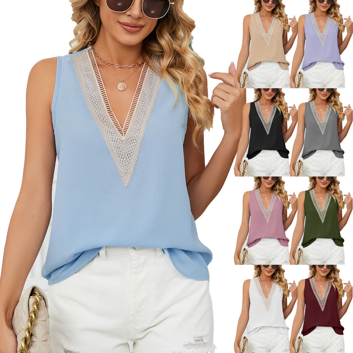 Women's Clothing Casual Solid Chiffon Shirt Loose V-neck Camis Pullover SleevelessTank Top