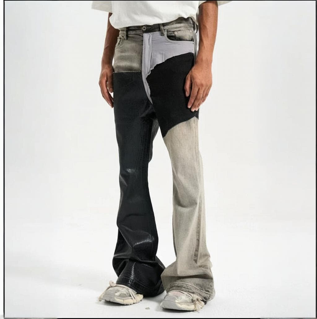 Men's Clothing High Street Stitching Contrast Color Coating Style Trendy Casual Loose Leg Lengthening Waxed Flared Jeans