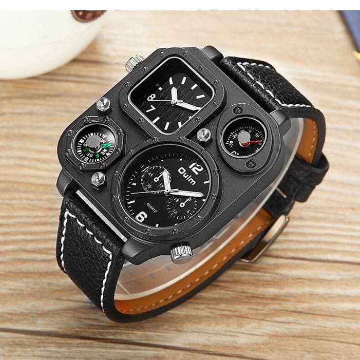 Montre à quartz analogique carrée élégante pour homme avec boussole, double fuseau horaire, grand cadran et bracelet en cuir. Montre carrée à double fuseau horaire.
