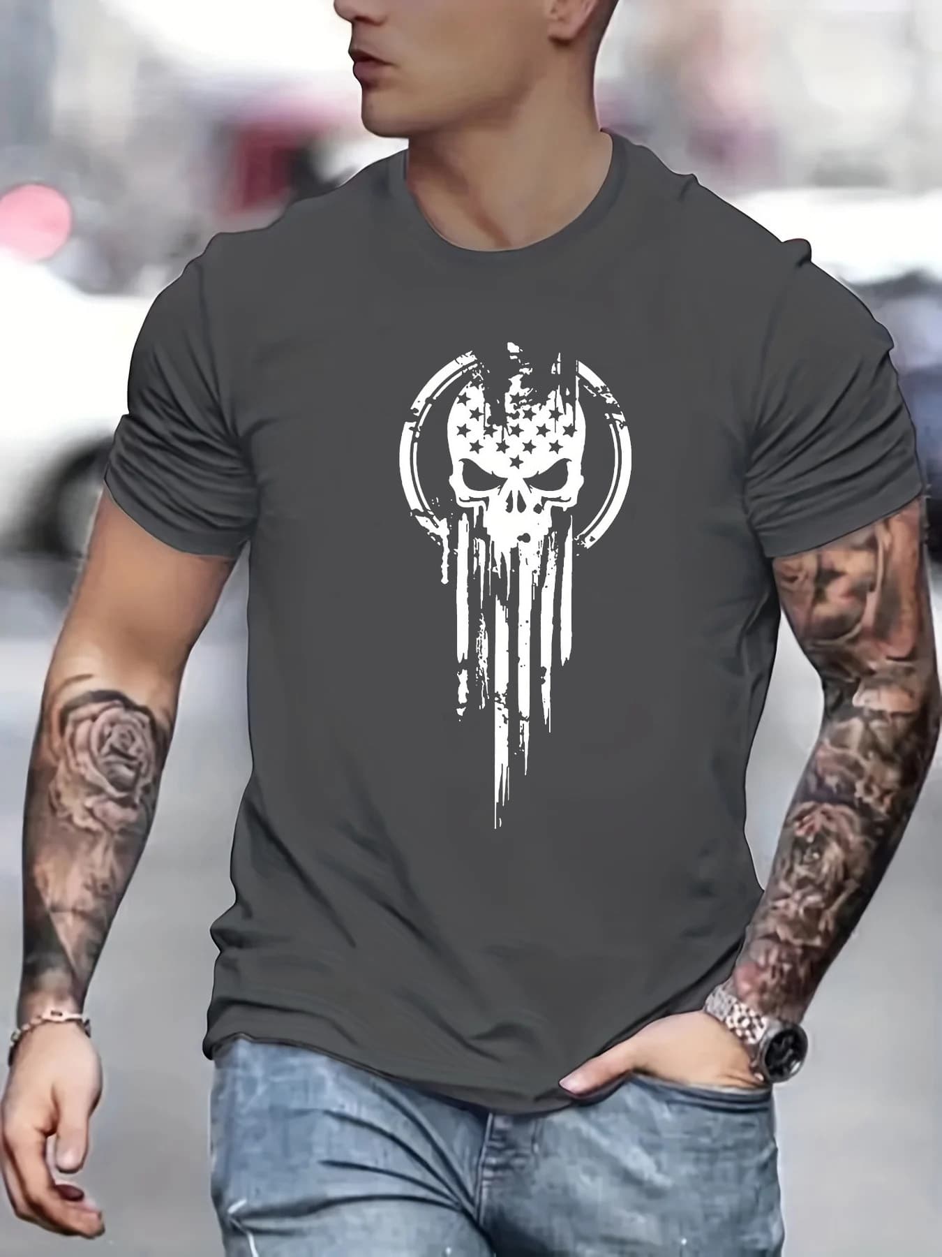 Men's Spring And Autumn Fashion Short Sleeve T-shirt 100% Cotton Skull Pattern Printed Casual Slim Fit Versatile Top
