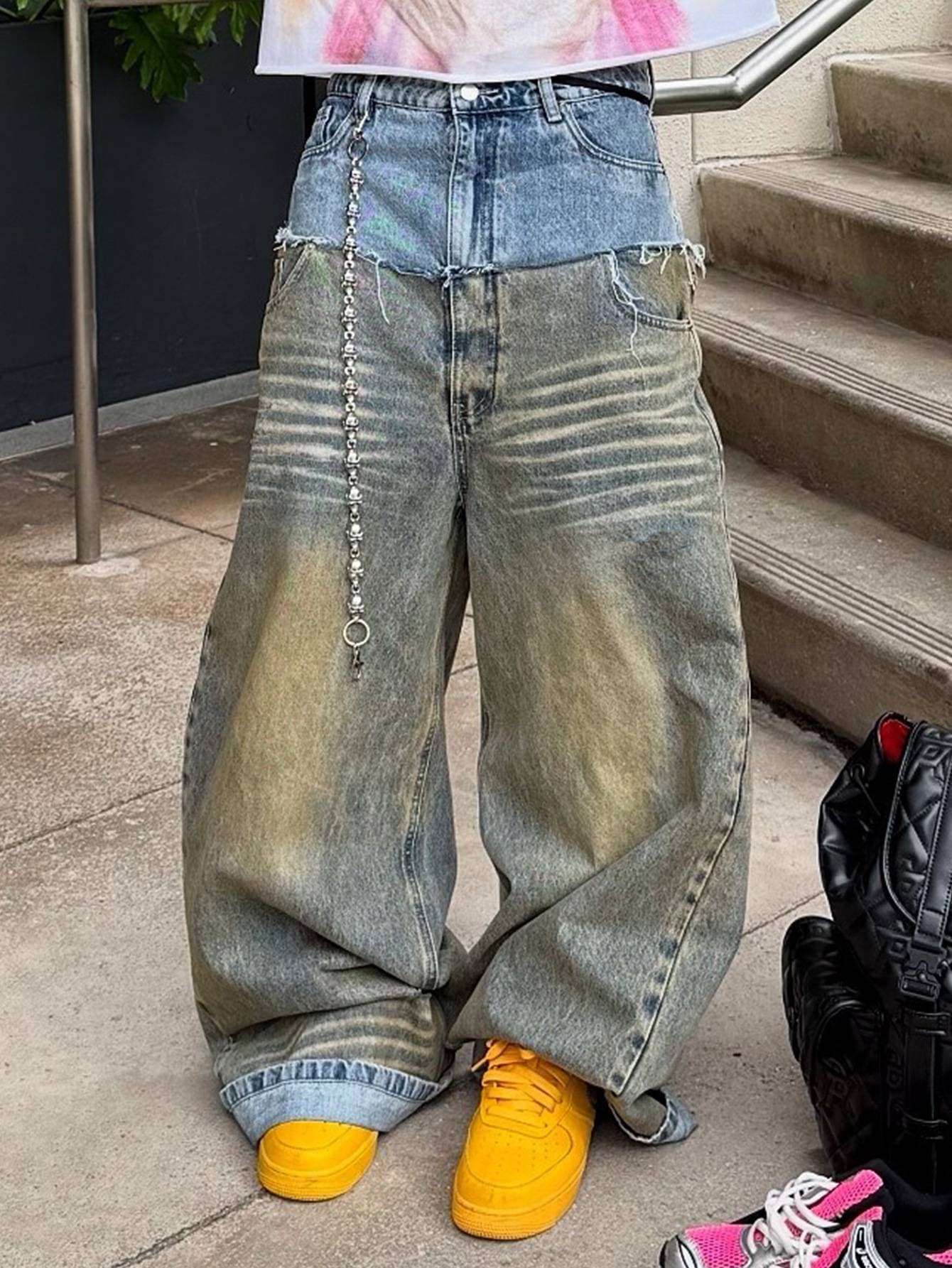 Men's Clothing High Street Fashion Brand Heavy Washed Distressed Deconstructed Patchwork Wide Leg Jeans Men's Street Hip Hop Loose Straight Pants