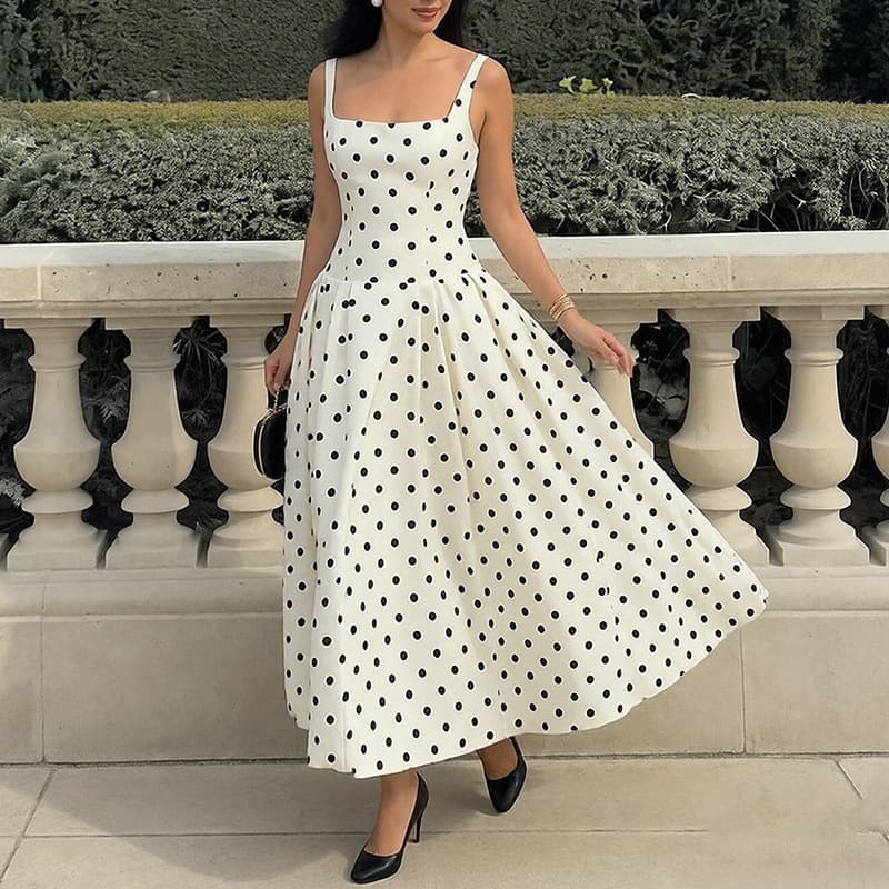 Elegant Polka Dot Long Sleeveless Dress For Women - Spring Fashion Flowy High Waist Floral Print Maxi Dress - Casual & Office Wear