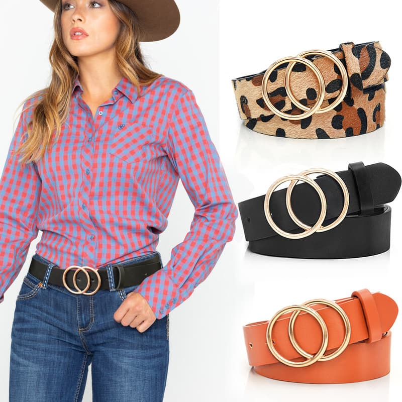 New Style Large Round Button Pu Leather Women's Belt Fashion Versatile Leopard Pattern Belt Buckle Women's Jeans Belt