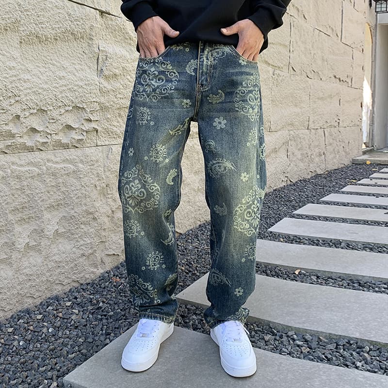 Men's Clothing Retro jeans men's fashion brand autumn and winter high street washed fashion print loose casual straight wide leg mopping trousers