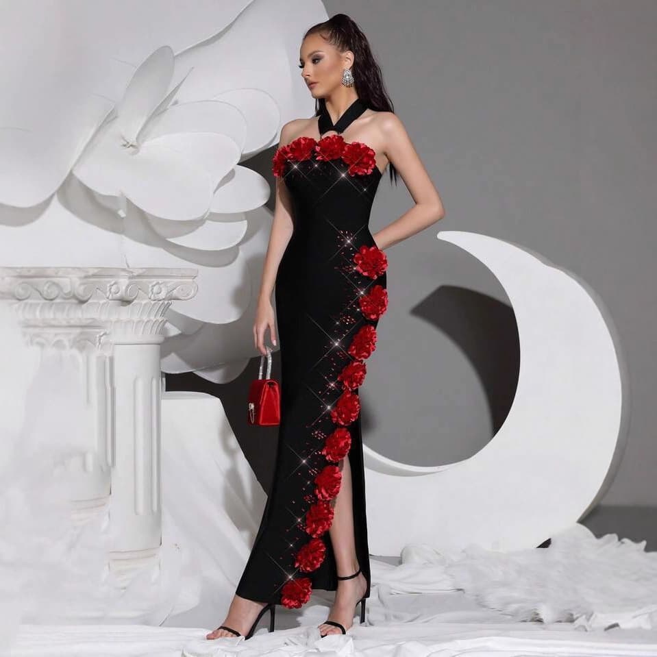 ​​Elegant Off-Shoulder Beaded Floral Bandage Dress For Cocktail Parties & Evening Events – Sexy Bodycon Midi Dress With V-Neckline​​