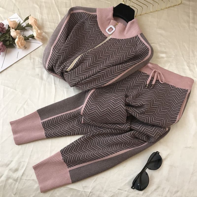 Women's fashion stand-up collar zipper knit top pants two sets