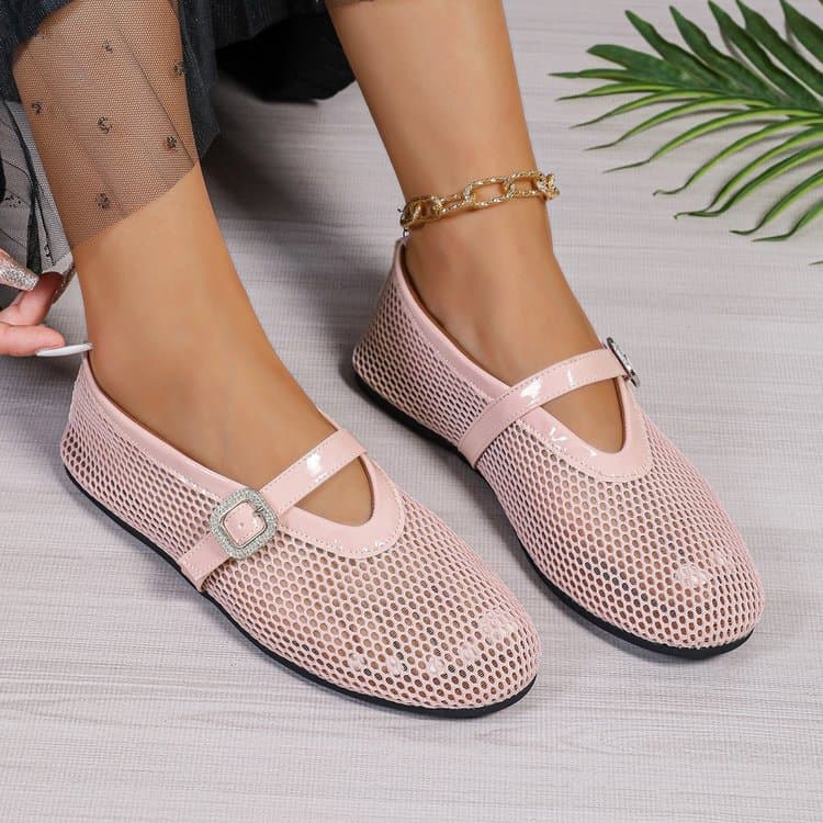 Women's Shoes Large Size Rhinestone Buckle Hollow Ballet Flat Soled Fashion Single Shoes Spring And Autumn Round Toed Single Shoes Women