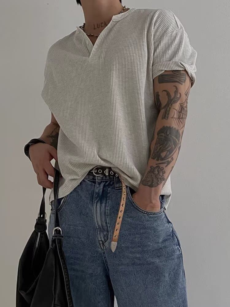 2025d Henry Collar Waffle Short Sleeve T-Shirt For Men Summer American Style Simple Base Shirt Lightweight Breathable Side
