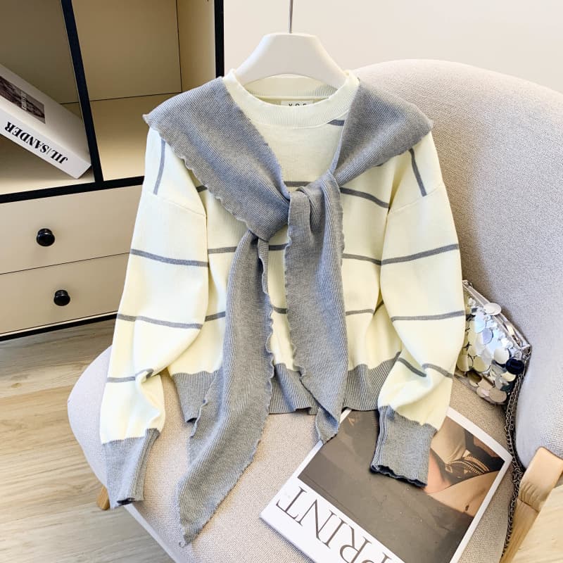 Women's Striped Knit Sweater With Detachable Cape – Soft Polyester Blend Pullover, Casual & Office Wear (Beige/Black, One Size Fits Most)