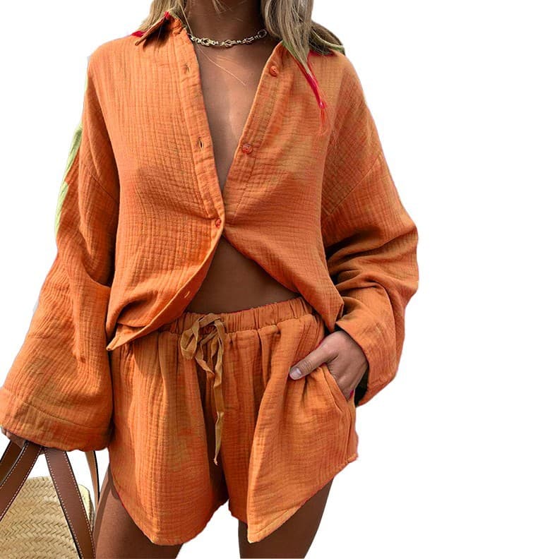 Casual Fashion Cotton and Linen Shirts and Shorts Suits for Women