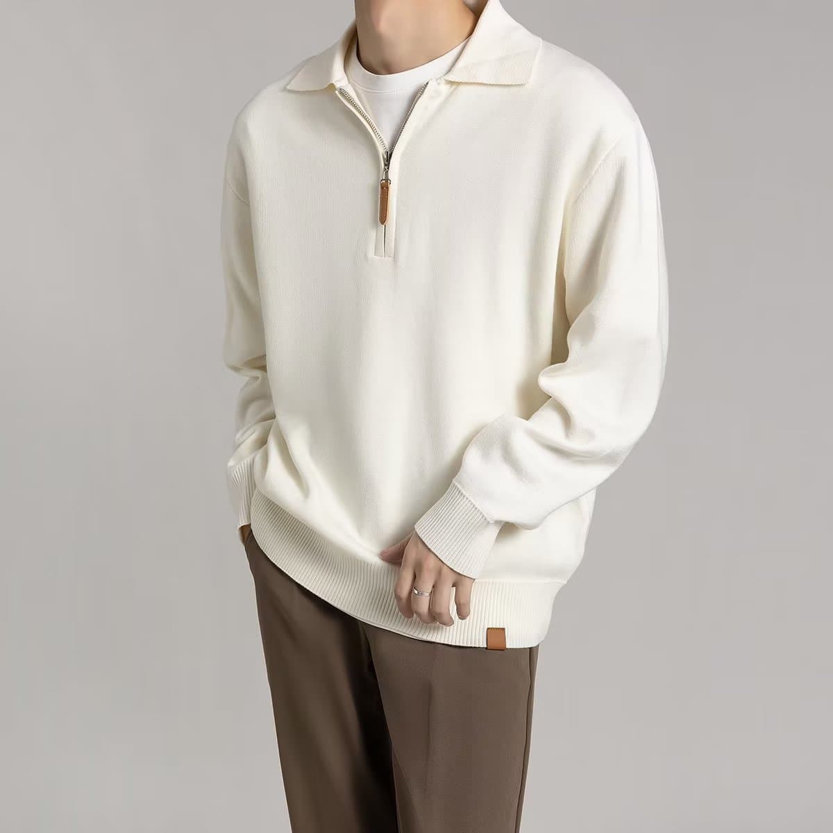 New light mature style half zipper knitted long sleeved sweater for men, autumn and winter versatile top with lapel collar for men