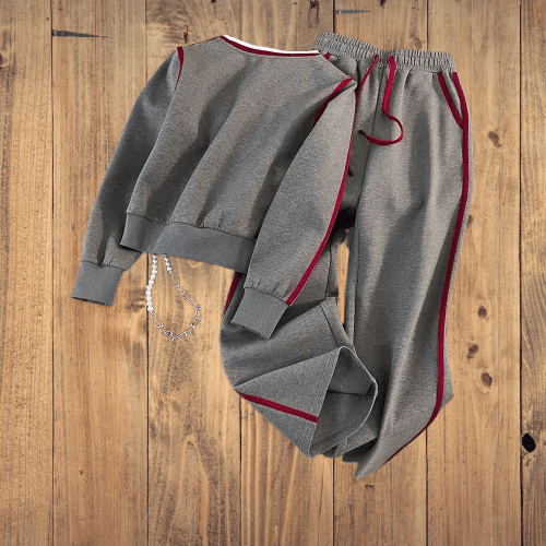 Women's Clothing Casual Sports Suit Letter Gray Sweater Wide Leg Pants Two Piece Set