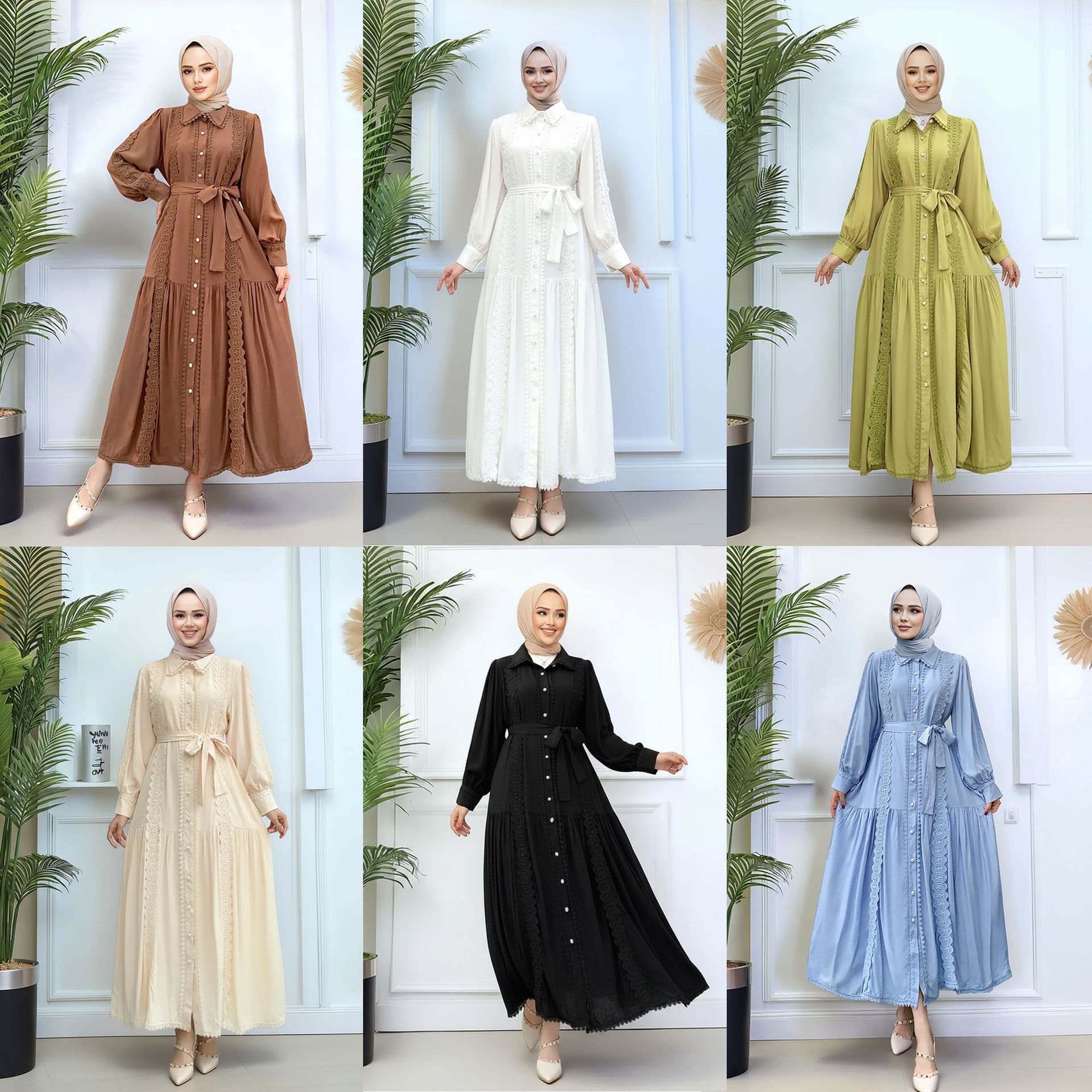 ​​Elegant Muslim Dress For Women – Modest Long Skirt With Lace Patchwork, Slim Waist Design, Turkey Fashion (White/Black/Apricot/Sky Blue/Caramel)​​