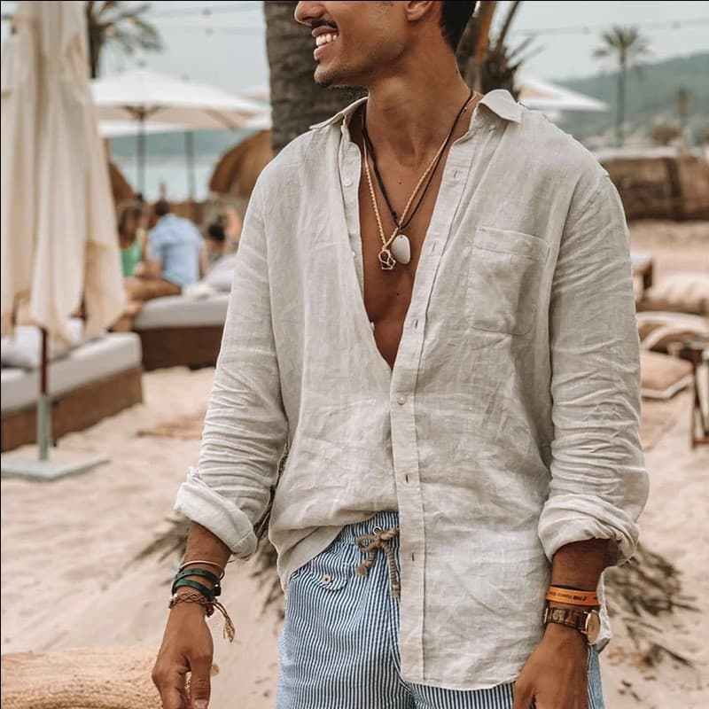 men's Solid Color Cotton Linen Loose Casual Lapel Long Sleeve Cardigan Beach Shirt