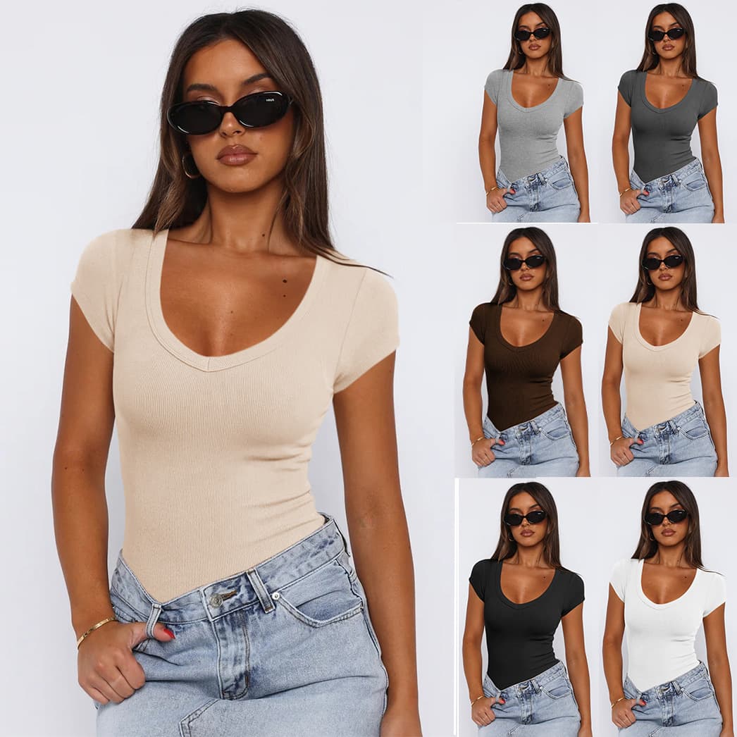 Women's Clothing Threaded Pullover Solid Color Hot Girl Outfit Versatile Sexy Fashion Short Sleeve Tops