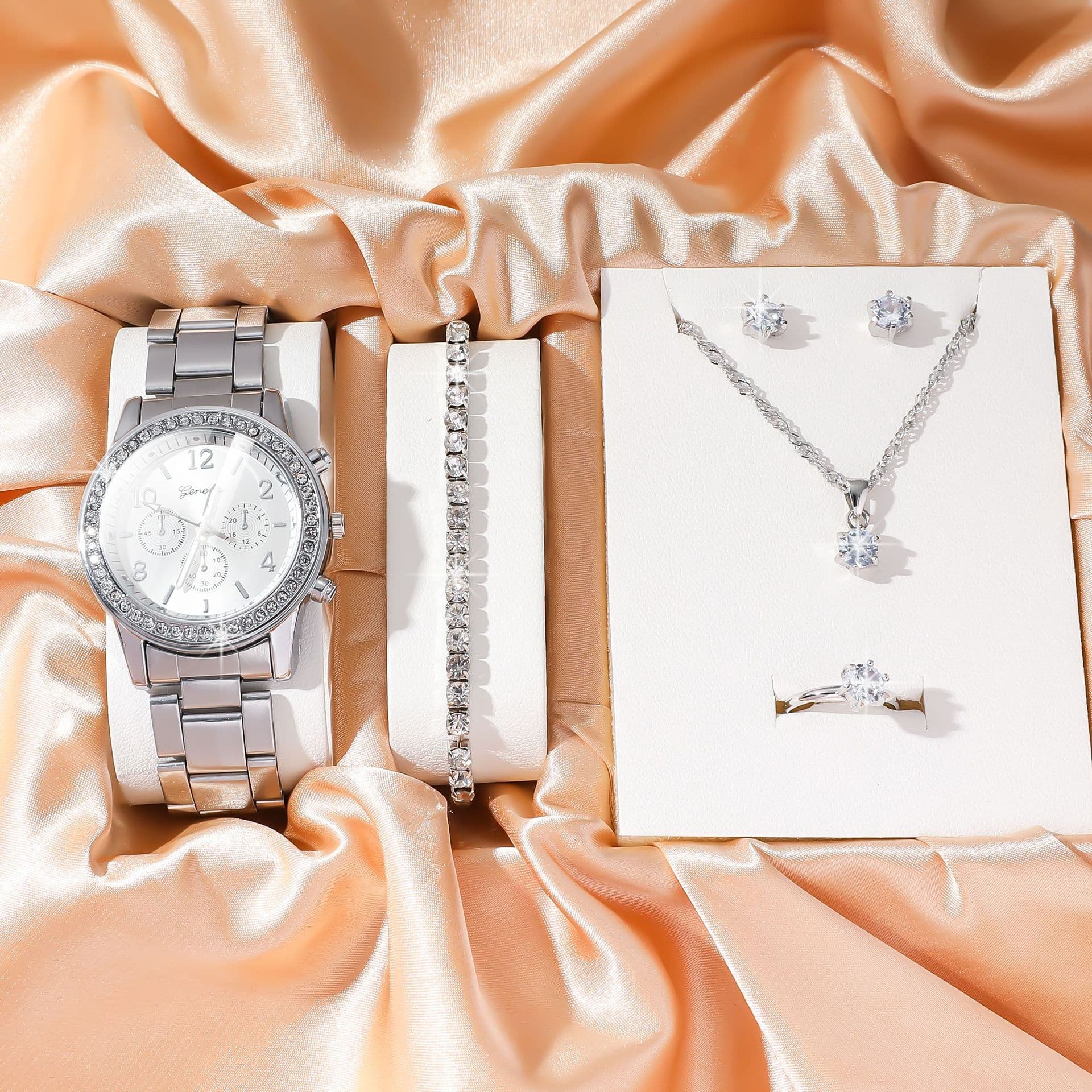 New Diamond Studded Steel Band Quartz Watch Round Crystal Necklace Earrings Ring Set 5pcs/set