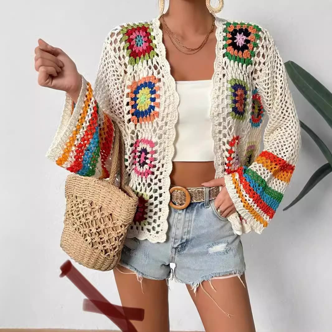Women's Clothing Hand Crocheted Sweater Long Sleeved Tops New Spring And Autumn Color Plaid Crocheted Handmade