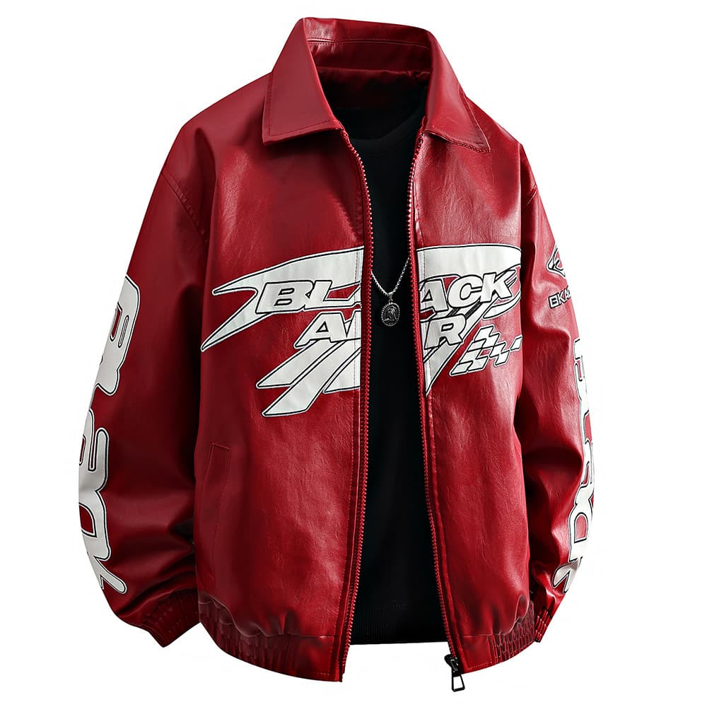 American Racing Suit Printed Leather Jacket Men's Street Hip-hop Fashion Brand Standing Collar Motorcycle Leather Jacket