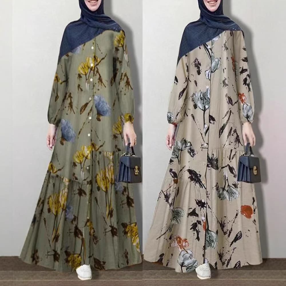 Women's Clothing Modest Abaya Dress Modest Muslim Abaya Dress – Floral Print Cotton Maxi With Patchwork Sleeves & High Waist (Green/Beige)​