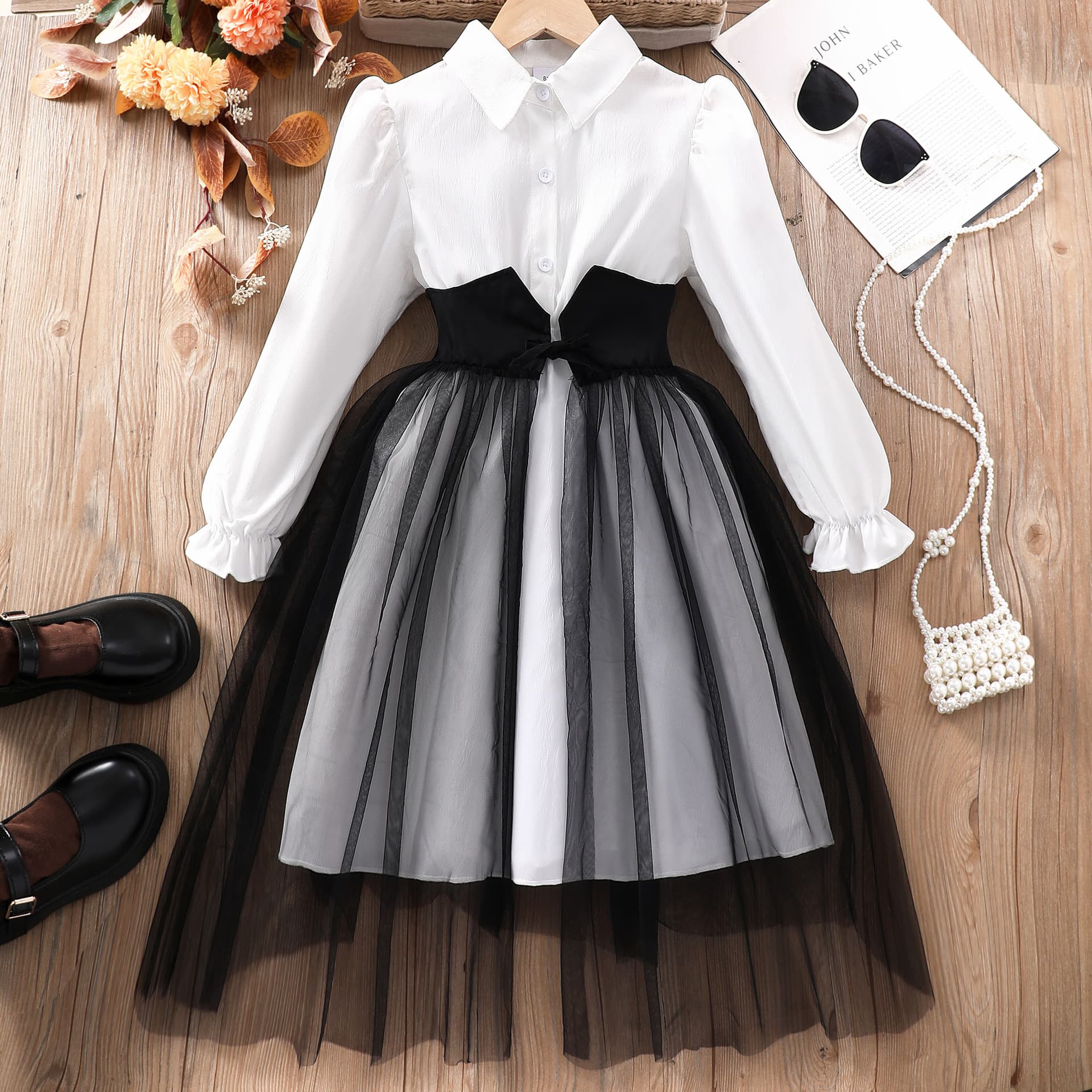 Kids’ Clothing Girls' Long Sleeved Lapel Waist Seamed Mesh Stitching Dress