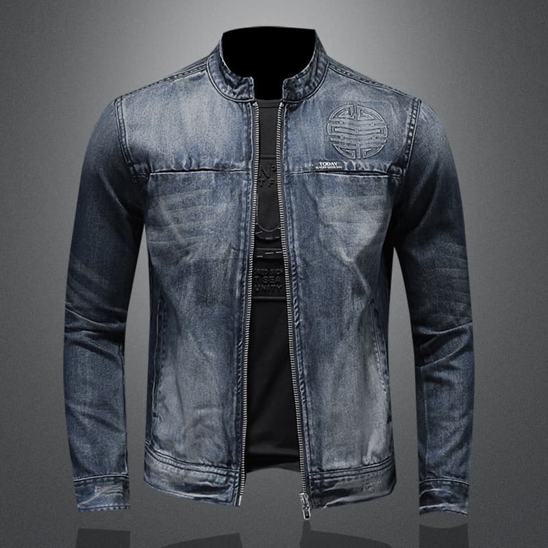 Men's Clothes Personalized Stand-up Collar Zipper Motorcycle Jeans Plus Size Casual Embossed Denim Jacket