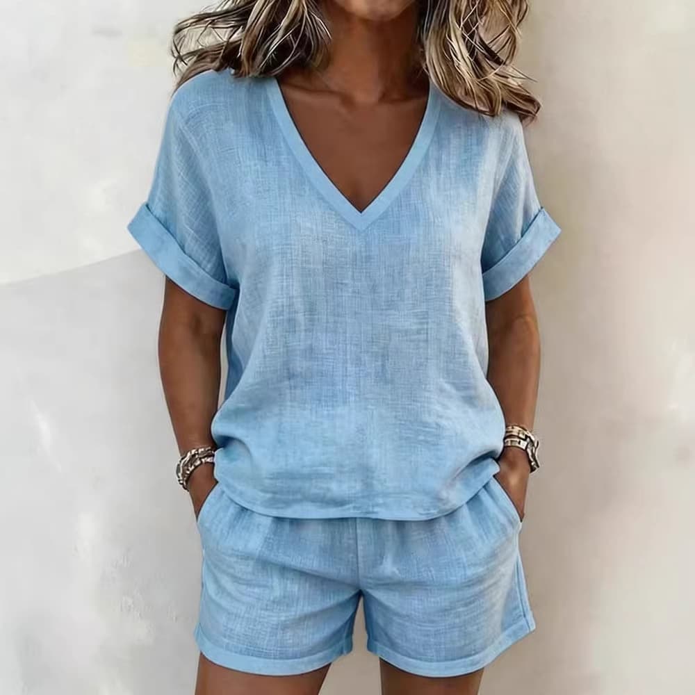 Summer Collection Solid Color V Neck Loose Casual Cotton Linen Set Short Sleeve Top And Shorts Women's Clothing