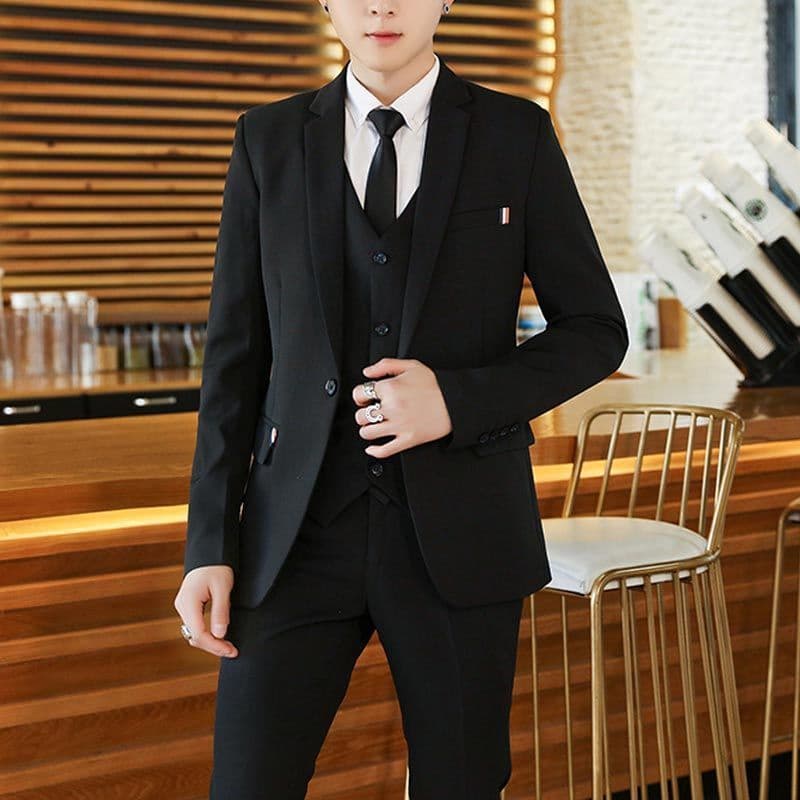 CT Men's Three-Piece Slim Fit Korean Style Casual Suit Full Set Groom Outfit Trendy