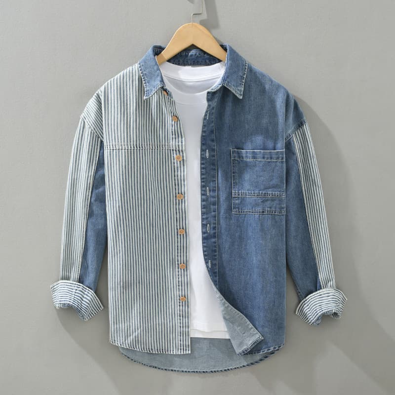 Chemise décontractée à manches longues pour homme, coupe ample, en denim, à rayures et blocs de couleurs, tendance printemps-automne